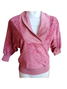 Small True Vintage Disco Sweater Dark Pink Quilted Velour Pullover 70's Shawl